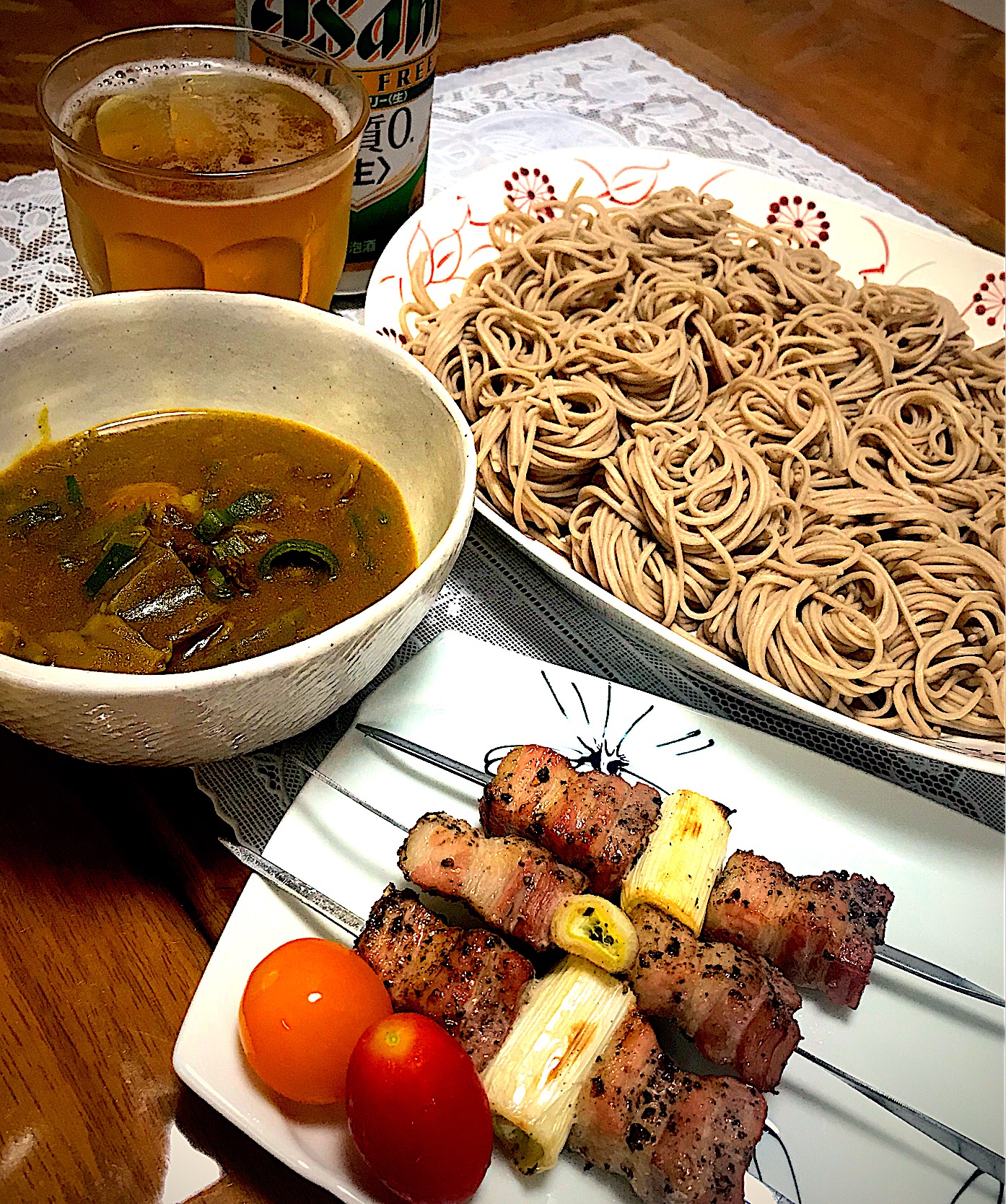 芋煮リメイク。カレーつけ蕎麦。豚バラ串焼き