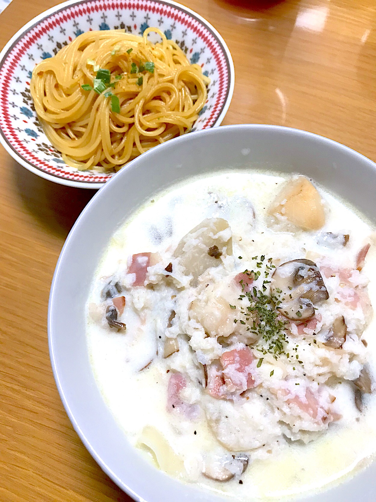 ラビオリ風餃子のクリームスープ&柚子醤油パスタ