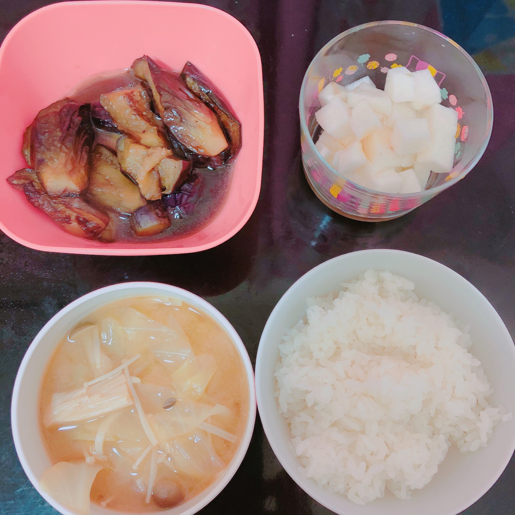 ナスの煮物/山芋の短冊切り/お味噌汁
