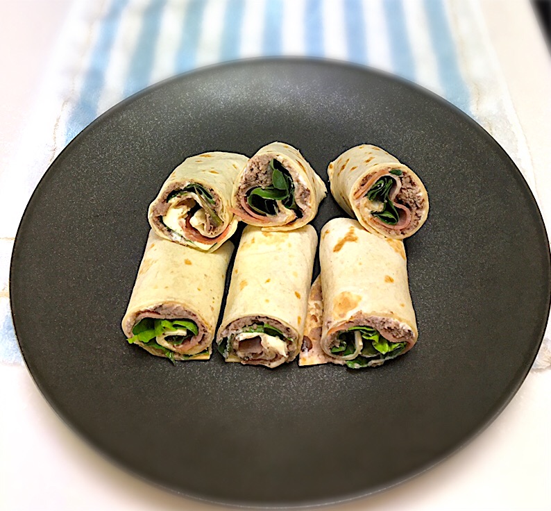 Refried Beans-Bacon-Spinach-Gorgonzola Tortilla Pinwheels