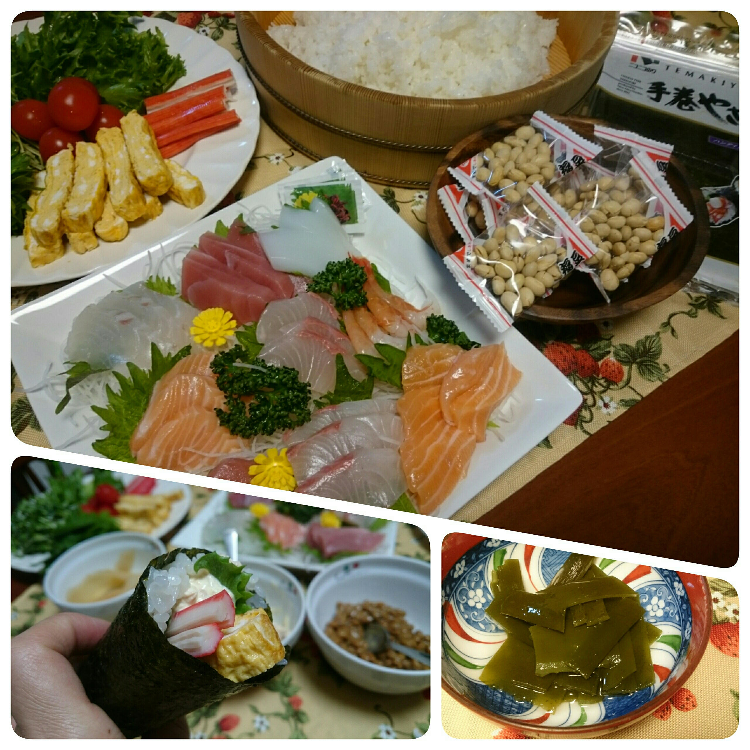 ☆今日の晩ごはん☆  手巻き寿司  (ご飯を炊いた時のこぶを酢こぶに。)