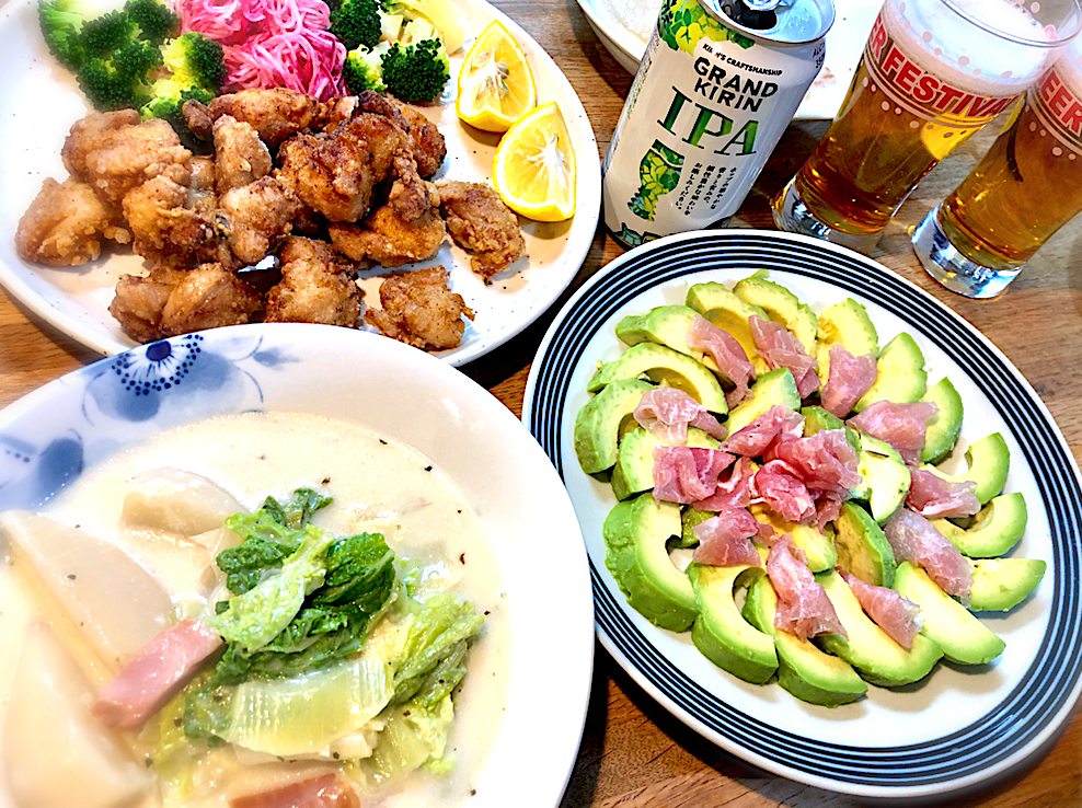 鶏唐揚げ                                                             カブと白菜のクリーム煮                                 アボカドと生ハム