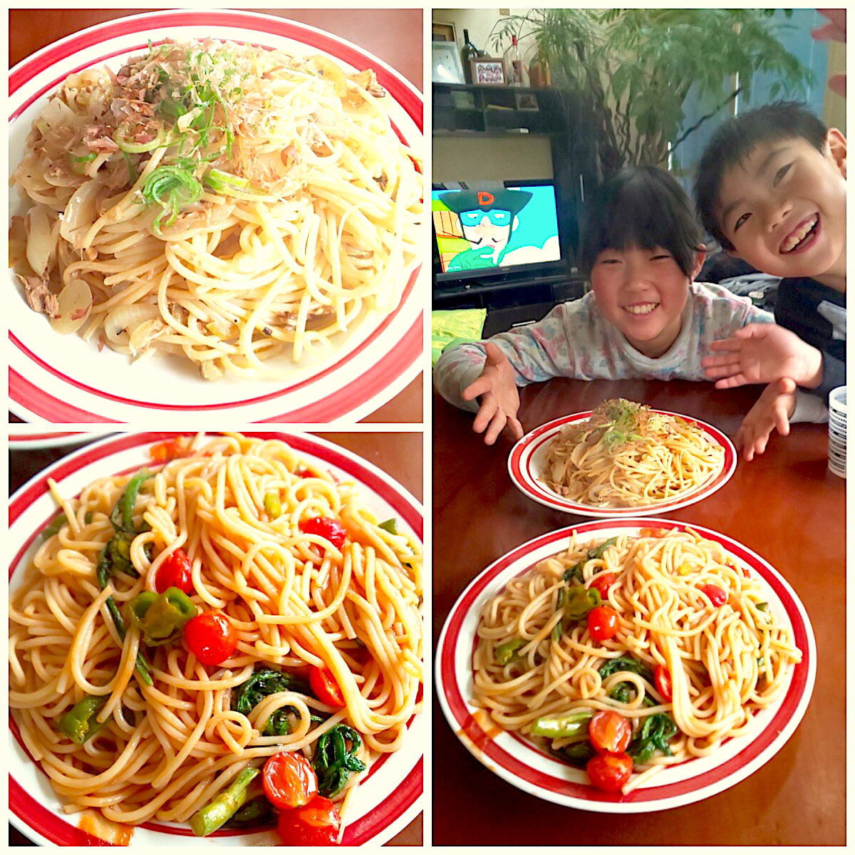 Sunday  brunch  by  daughter🍴ﾂﾅと玉ねぎの和風ﾊﾟｽﾀ･春菊のﾄﾏﾄﾊﾟｽﾀ