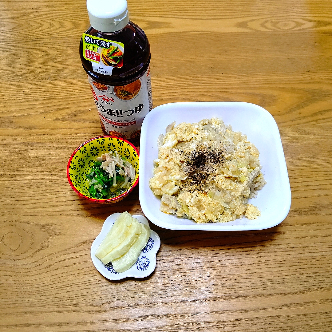 『天かすとじ丼とえのきと三葉ツナ合え』