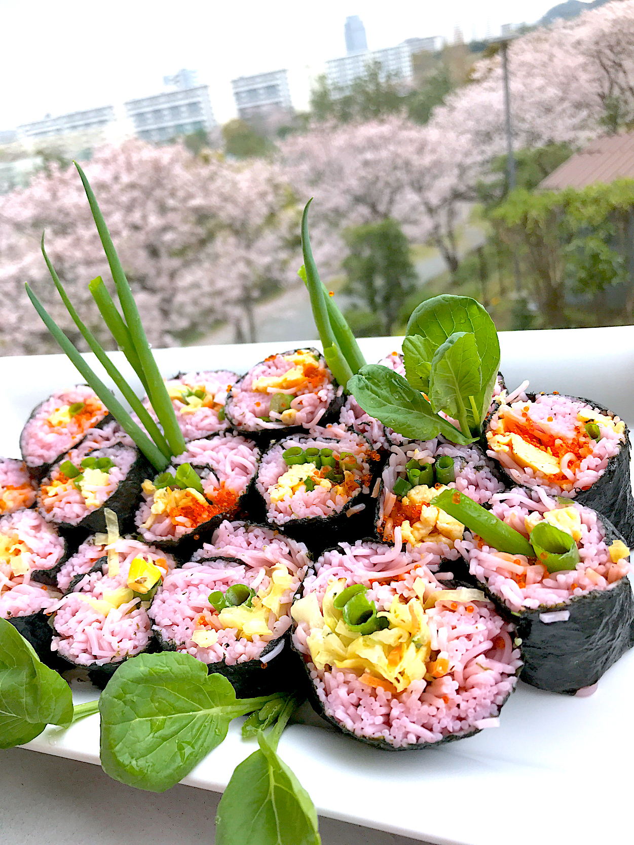 桜色手延べ素麺実は紫蘇　昨日に続き今日も。目先変えて桜色素麺の海苔巻き風