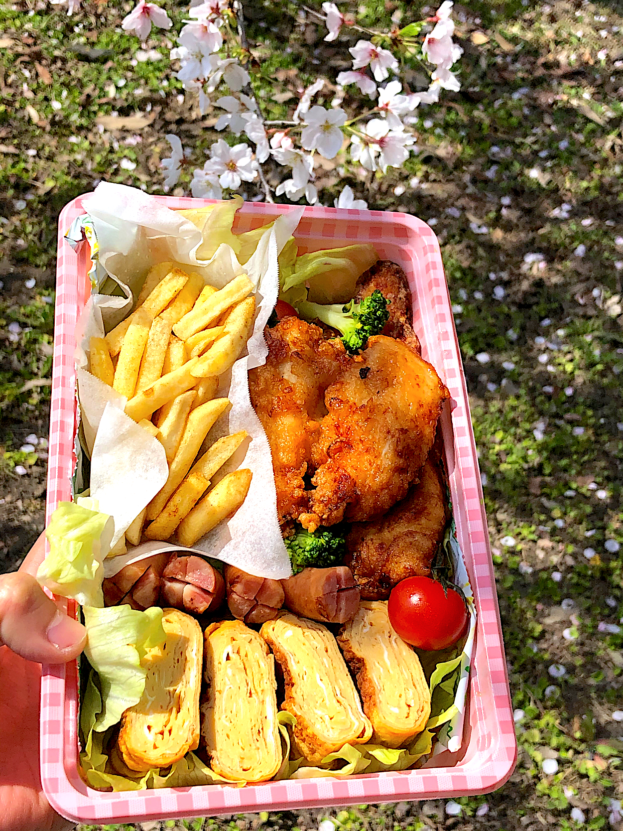 桜の下で食べるごはんは最高！！