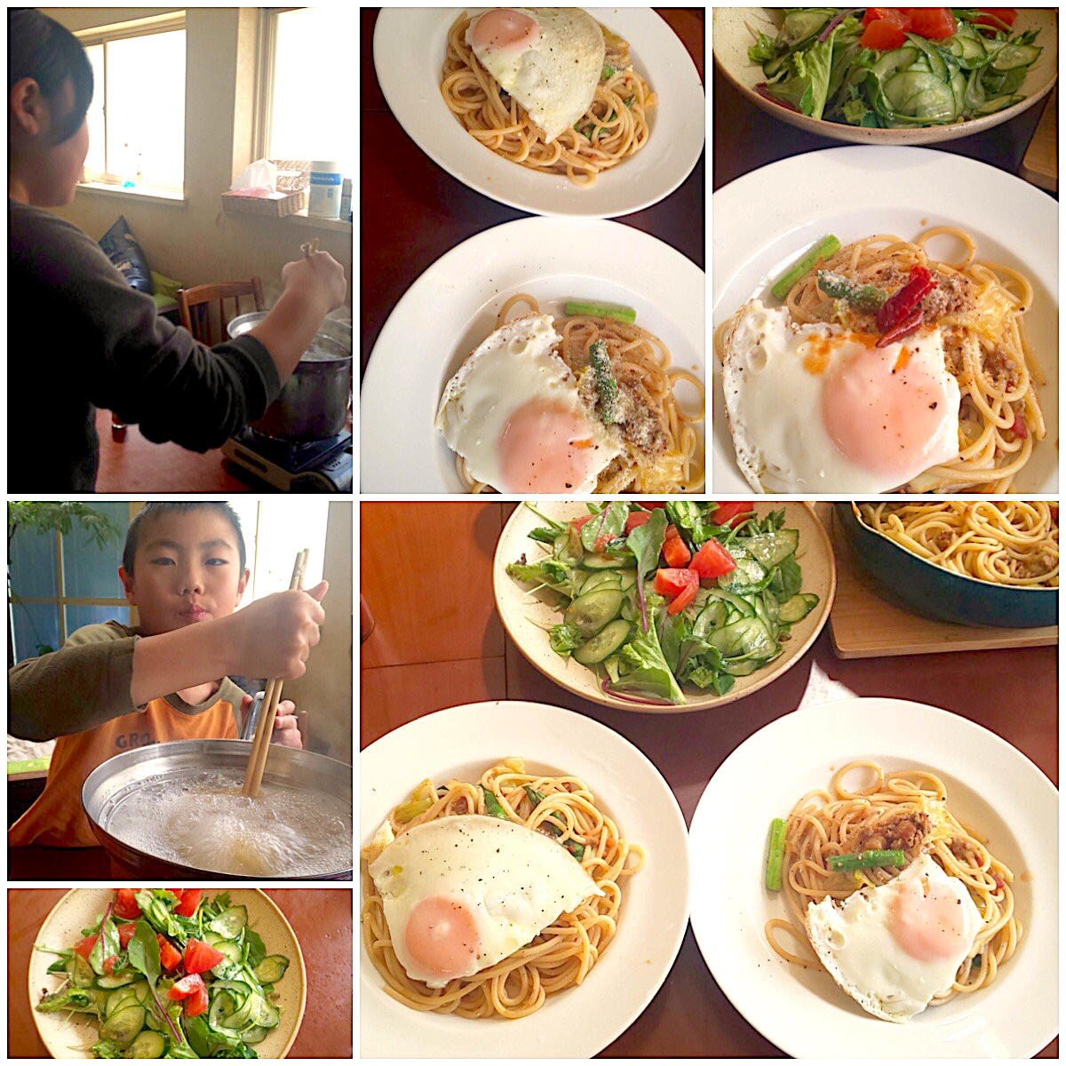 Today's brunch🍴 さっぱりﾌﾚﾝﾁｻﾗﾀﾞ･焼き茄子とお野菜たっぷりﾄﾏﾄ肉味噌ひよこ豆入り太麺ﾊﾟｽﾀw/目玉焼き