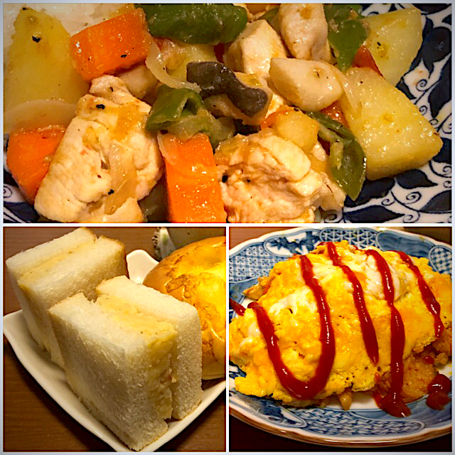 鶏むね肉と野菜の辛子マヨ炒め煮→ポテサラサンド・オムライスにリメイク