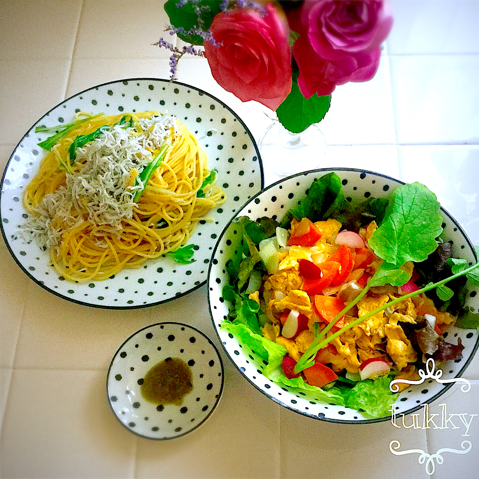 *シラスと生姜の柚子ソースパスタ*ふんわりたまごのサラダ