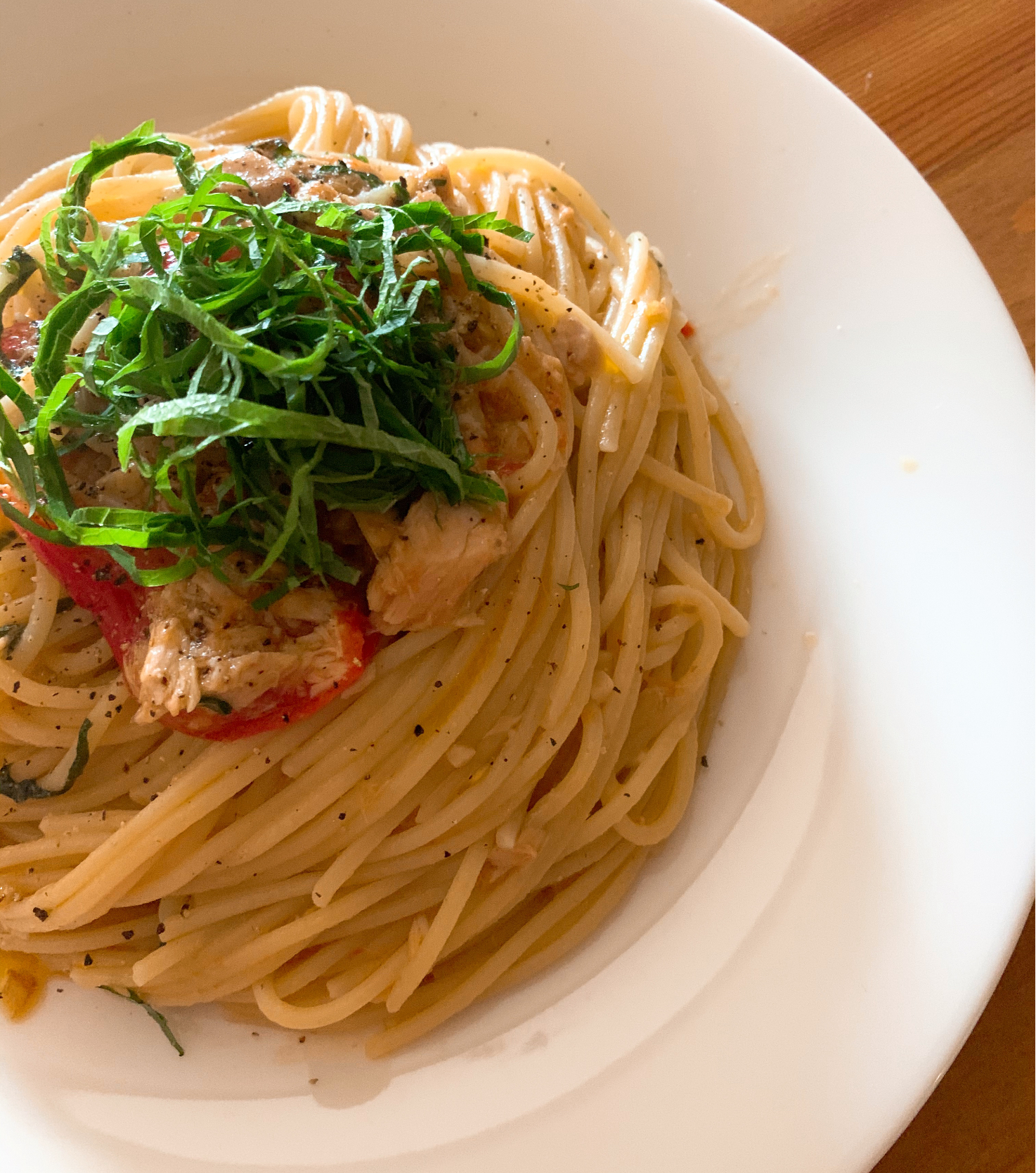 大葉とツナとフレッシュトマトのパスタ作ったよ🍝