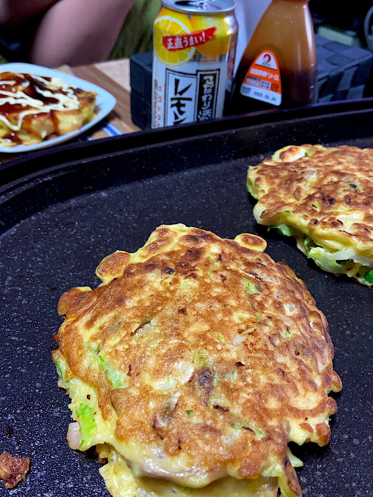 暑い一日でした。今日のお夕飯はお好み焼きでかんぱ〜い‼️