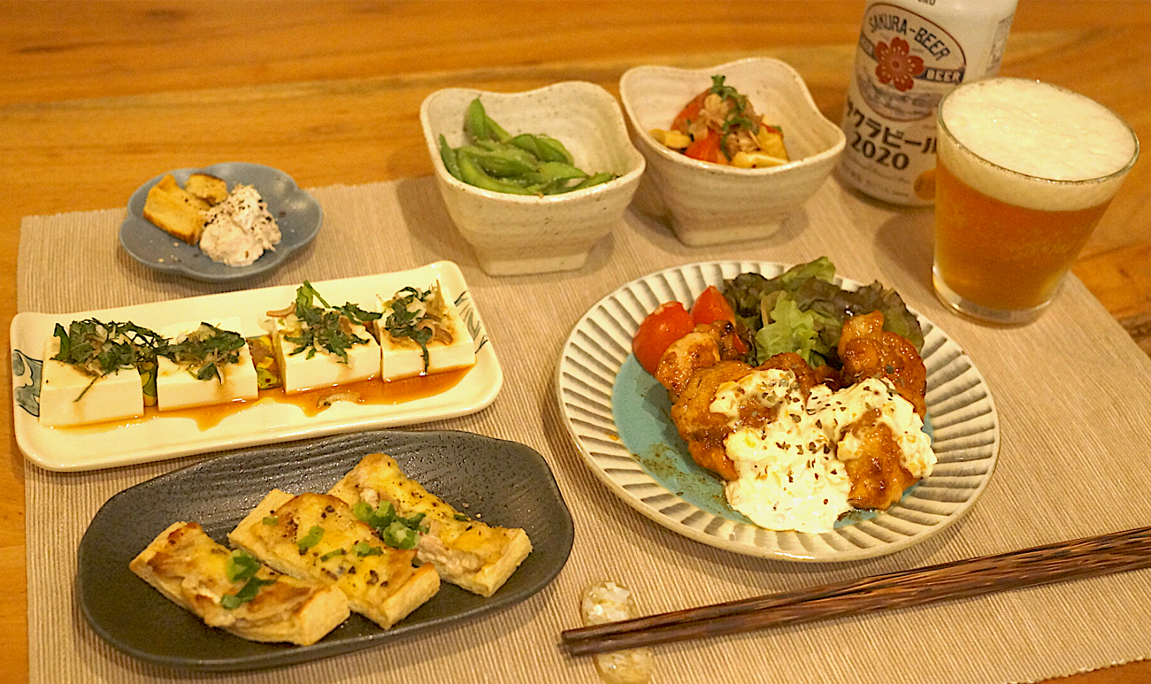 晩酌用ご飯                                                           チキン南蛮風   油揚のツナメルト                  薬味のせ冷奴 枝豆 トマトの和物 