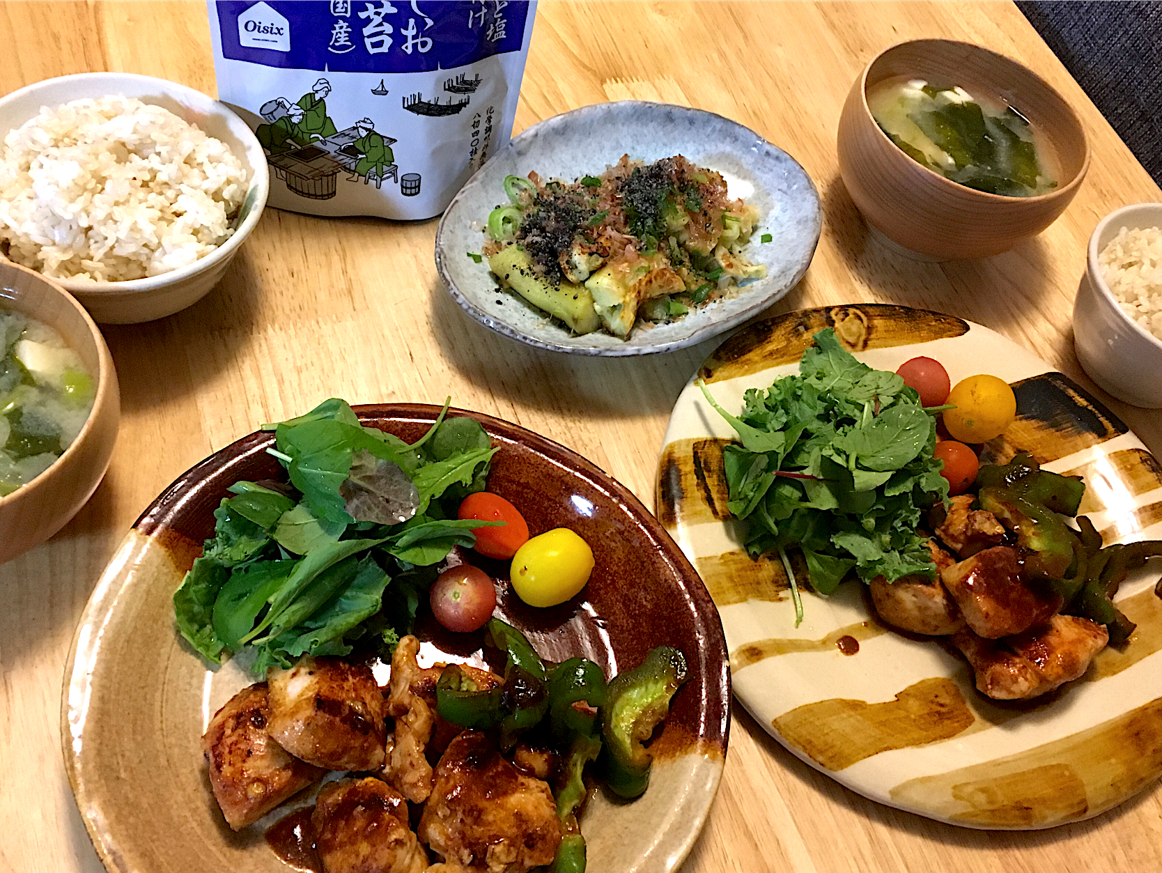 昨日の晩ゴハン❤︎タンドリーチキン、焼きなす、お豆腐とワカメのお味噌汁、胚芽米ごはん🍚、海苔✰(◍ ⚈᷀᷁ڡ⚈᷀᷁  ◍)✰