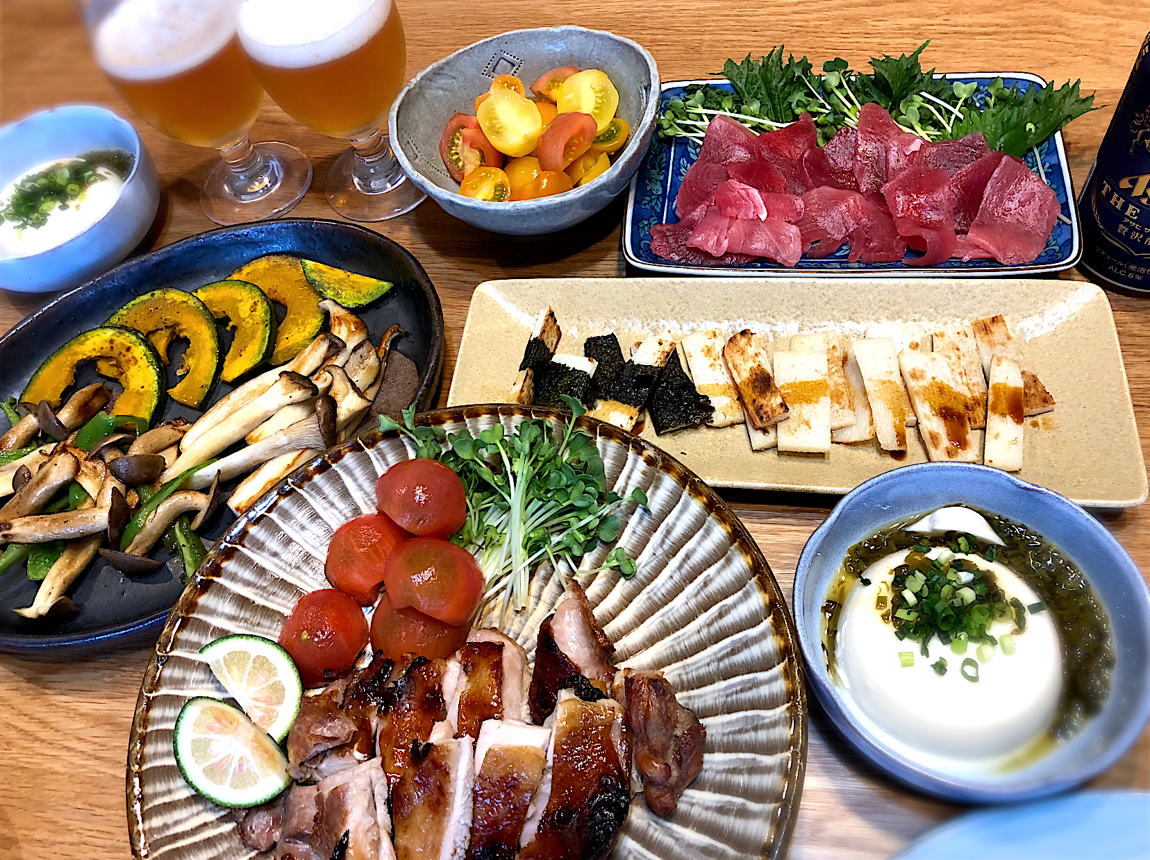 鶏もも肉の照り焼き　夏野菜のソテー　長芋の素焼き　マグロ中落ち　冷奴のメカブかけ