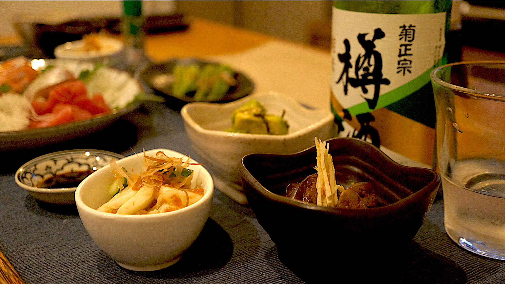 晩酌                                                                  レバーの甘辛煮  長芋と胡瓜の梅おかか和え         アボカドの塩昆布和え オクラのおひたし           刺身