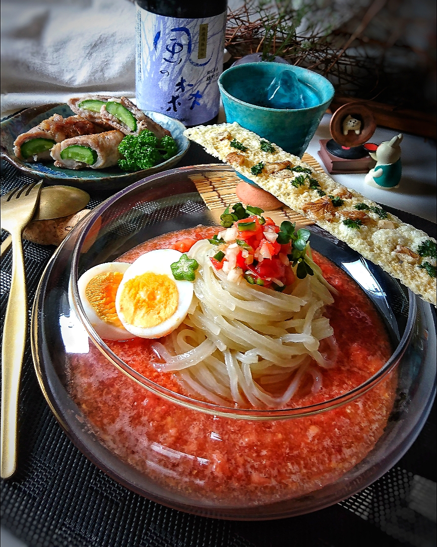 トマトサルサ冷麺とキュウリの肉巻き