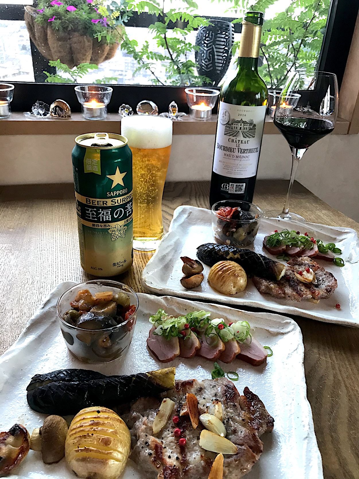 ポークソテーと野菜のグリルとカポナータとビールと赤ワイン🇫🇷