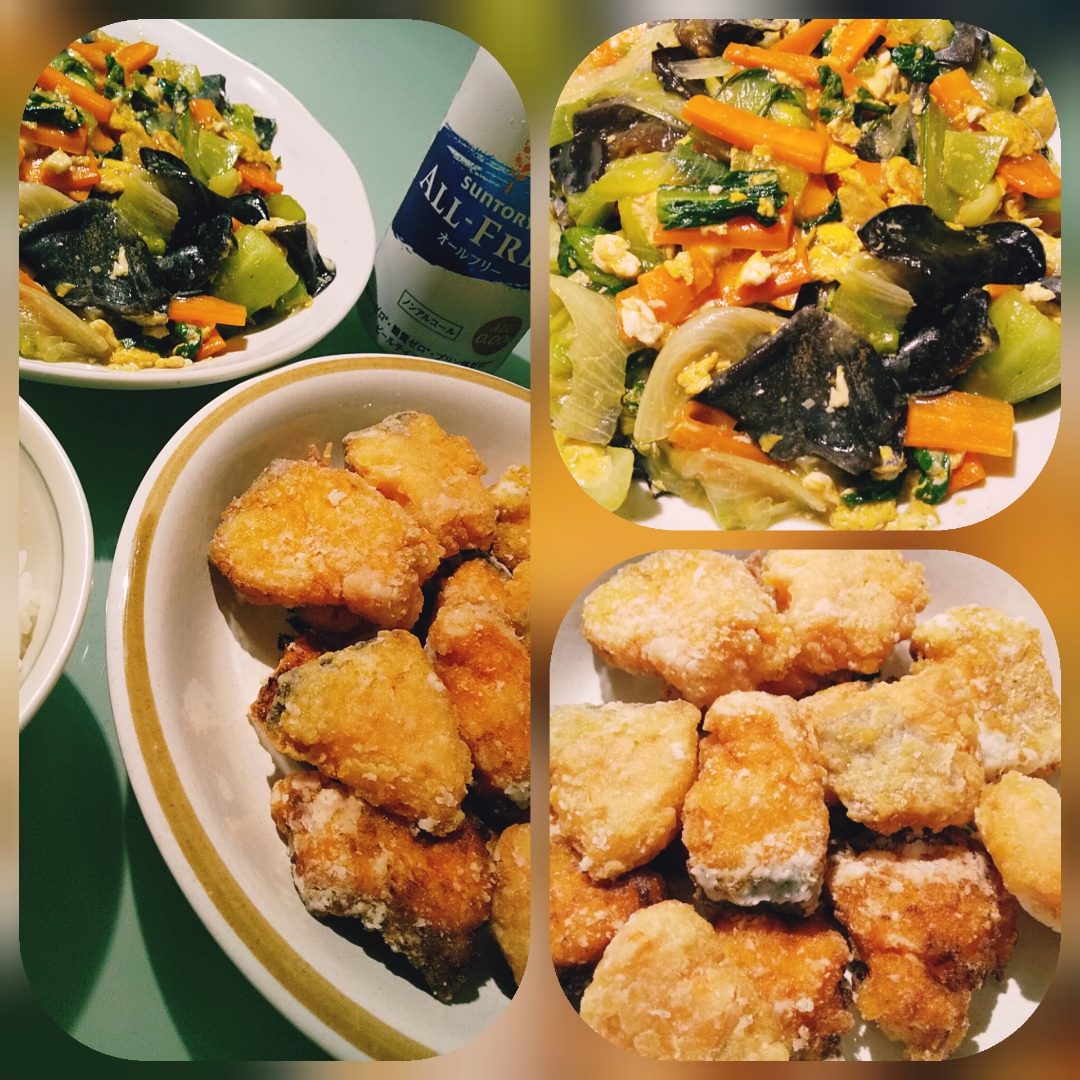 鮭の竜田揚げとチンゲン菜、キクラゲの炒め物でヘルシー夕御飯❗️