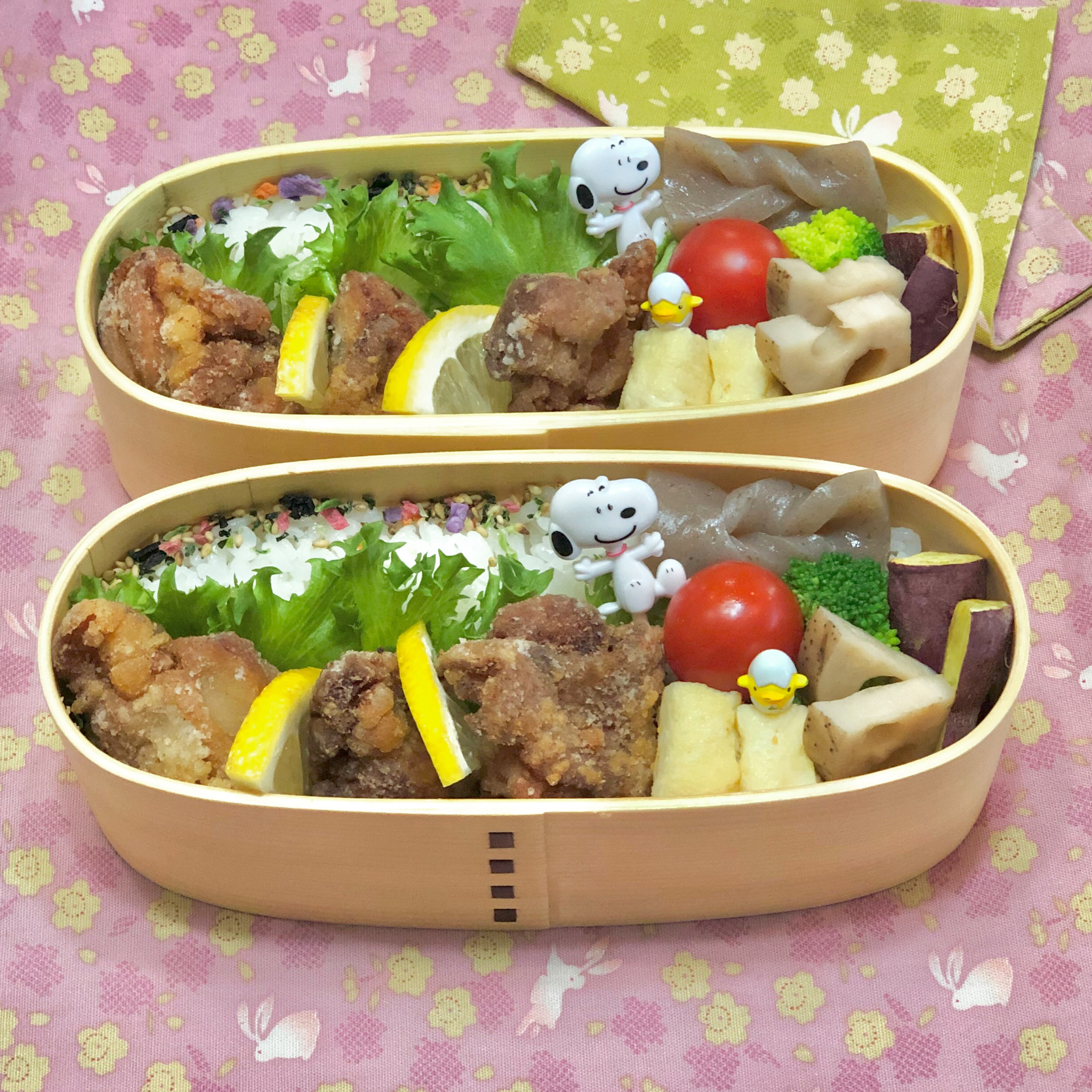 鶏モモ唐揚げ☘の双子ちゃんお弁当💙❤️ 10/14水