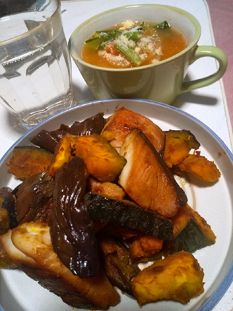 今日の晩御飯 鰆と茄子とかぼちゃのゆず味噌漬け炒め 丸ごと冷凍トマトと玉ねぎと小松菜のコンソメスープ 焼酎ハイボール 煮物グランプリ21 ヤマサ醤油株式会社