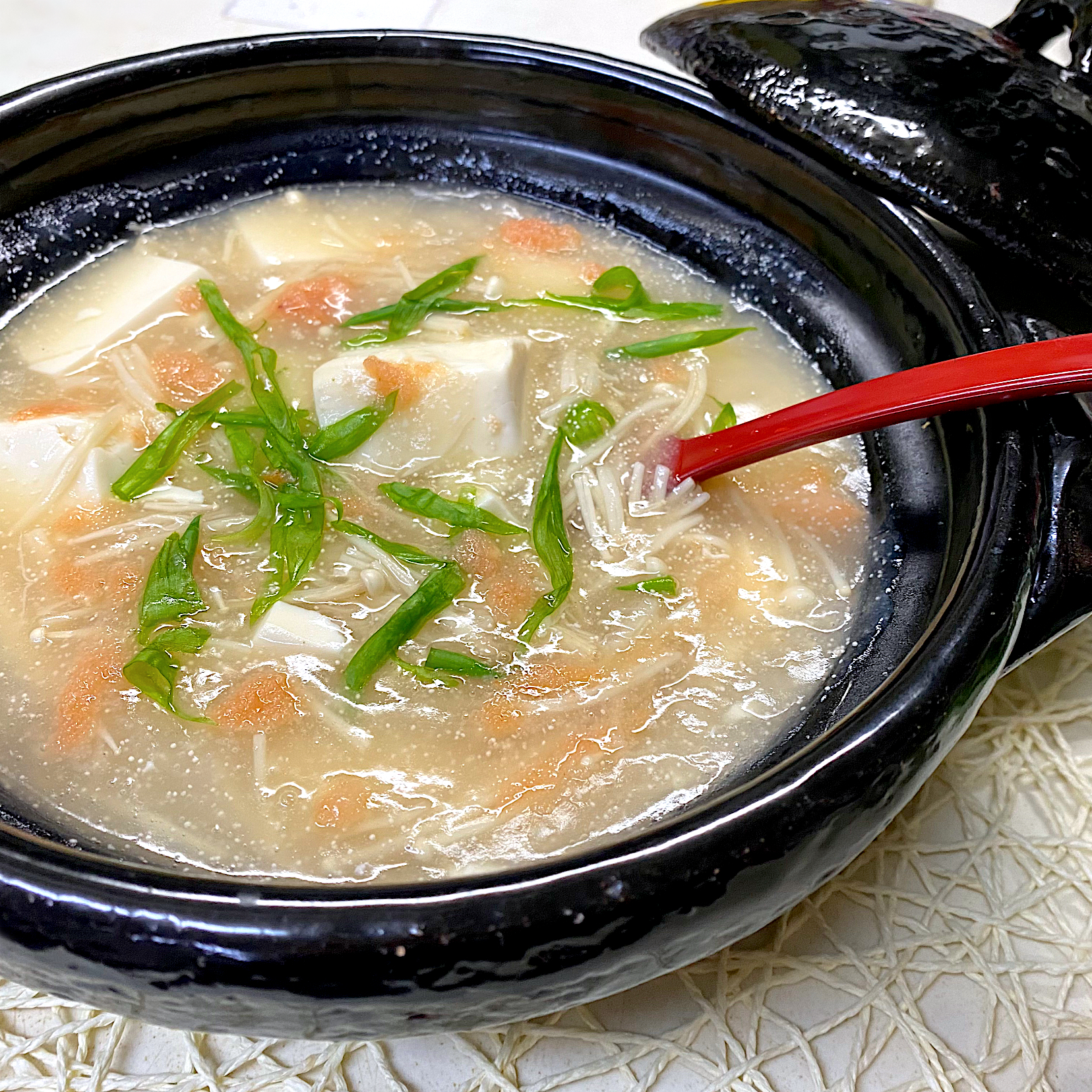 土鍋で豆腐とえのきの明太子あんかけ～(*´∀｀*)