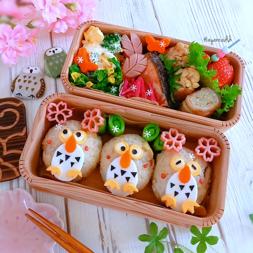 筍ごはんでふくろうおにぎり🦉🌸弁当