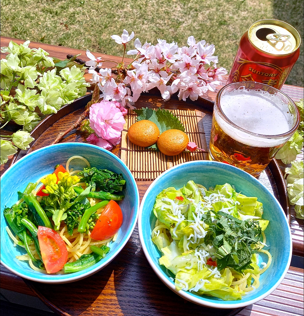 菜の花ペペロンと春キャベツとしらすと大葉の和風パスタでお一人様お花見🌸