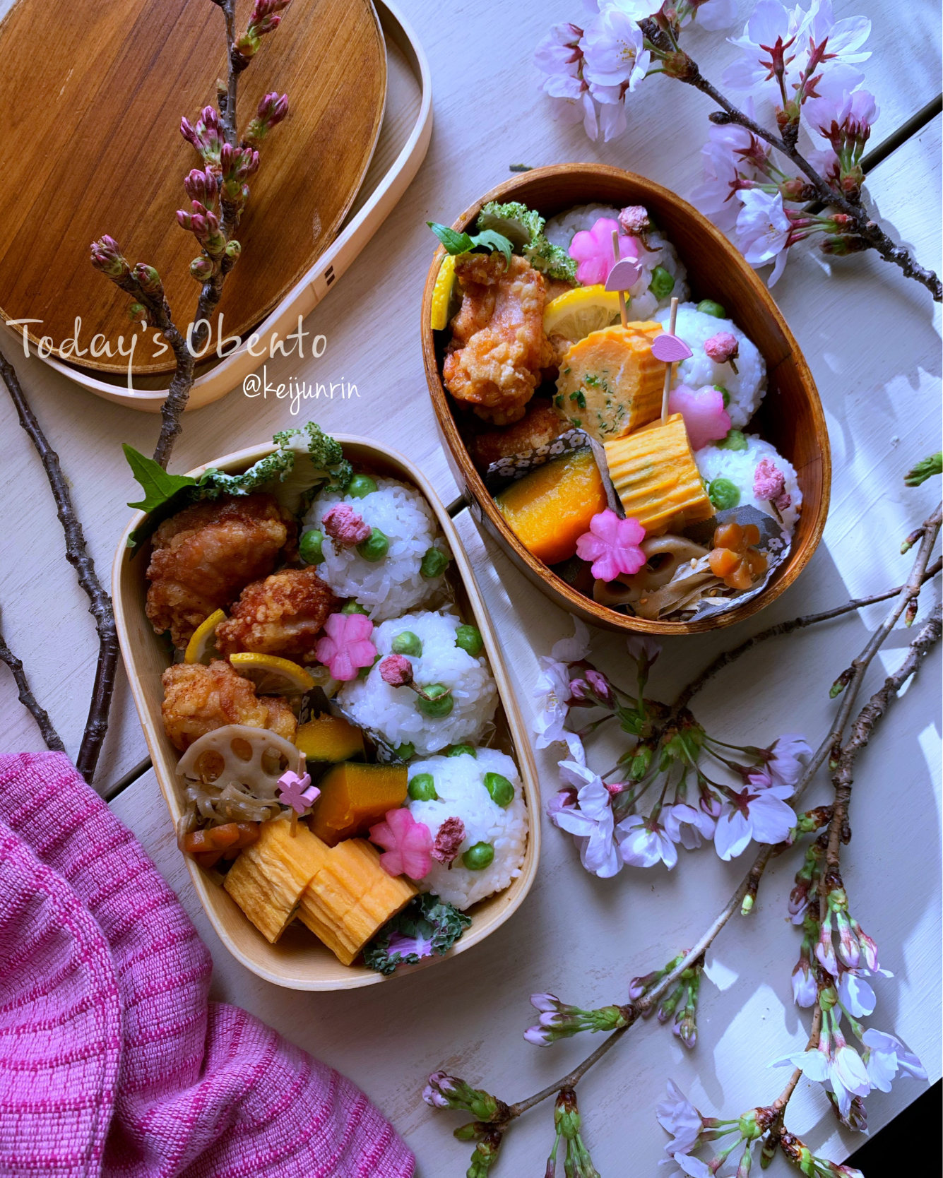 桜、豆ごはんおにぎり弁当