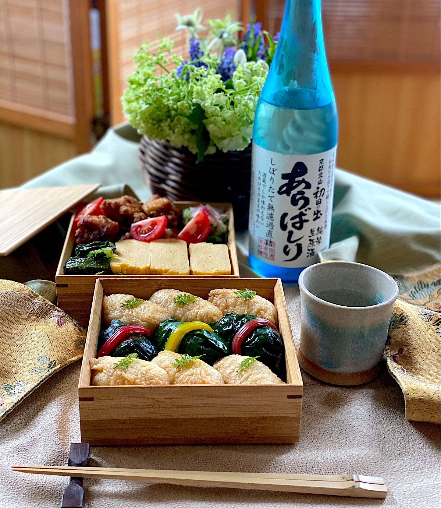 🍱大人のピクニック弁当 🍶本日の日本酒： 初日の出 純米しぼりたて あらばしり生