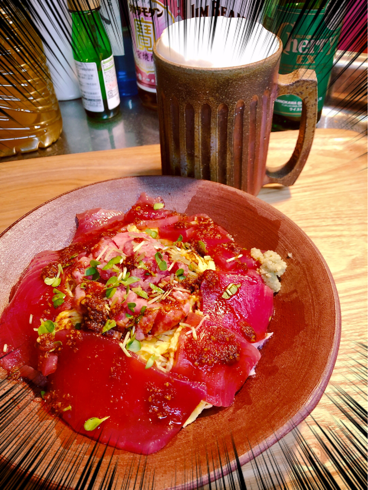 今夜は錦糸卵に2種のマグロで丼☺️🍺山葵多めで旨し👍