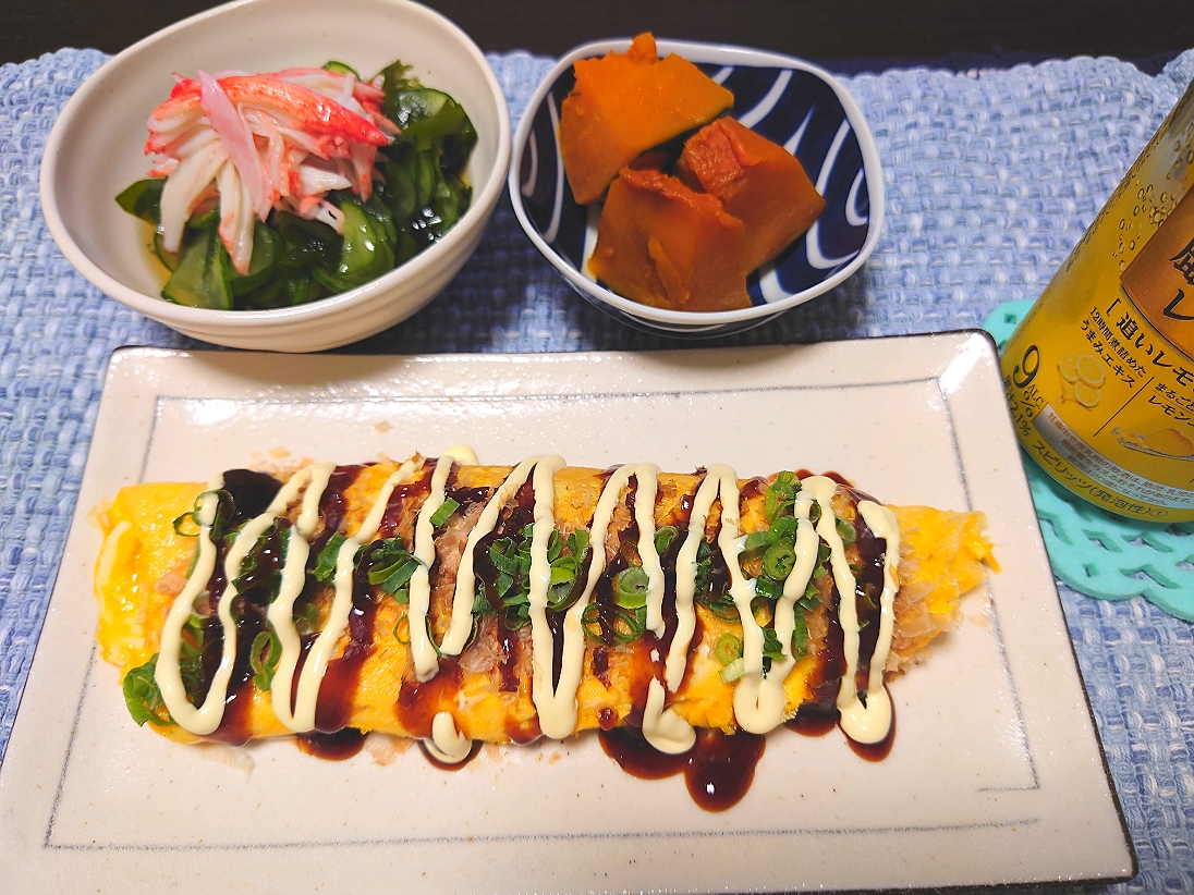 ★今夜の晩酌★
❇️納豆オムレツ
❇️かぼちゃの煮物
❇️カニカマとワカメの酢の物