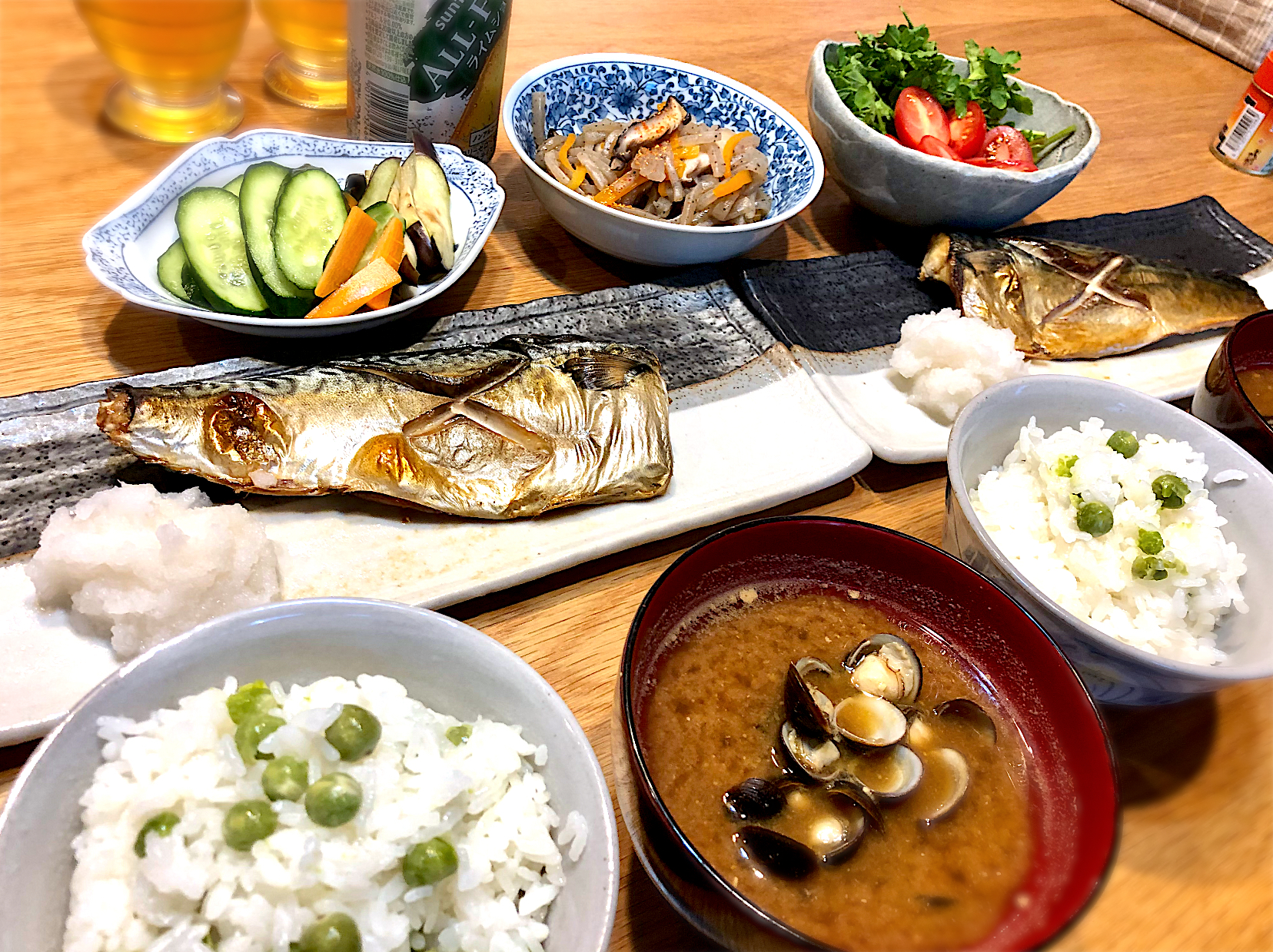 ノンアル日の焼き鯖定食　　　　　　　　　　えんどう豆ご飯　鯖の塩焼き　しじみ汁　キンピラ蒟蒻　浅漬け　クレソン&ミニトマト