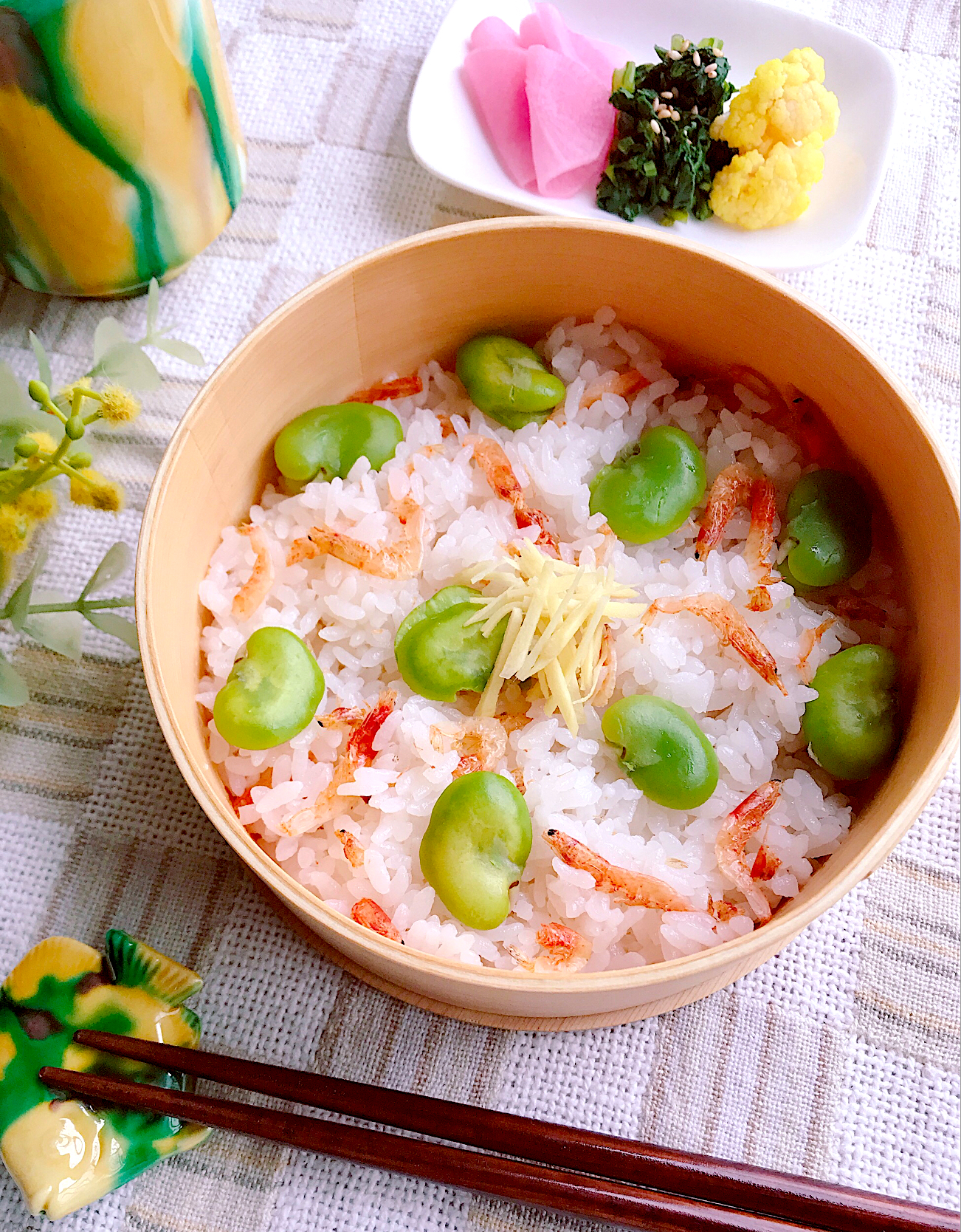 🌱夫婦の朝ごはん《そら豆と桜エビの混ぜご飯》