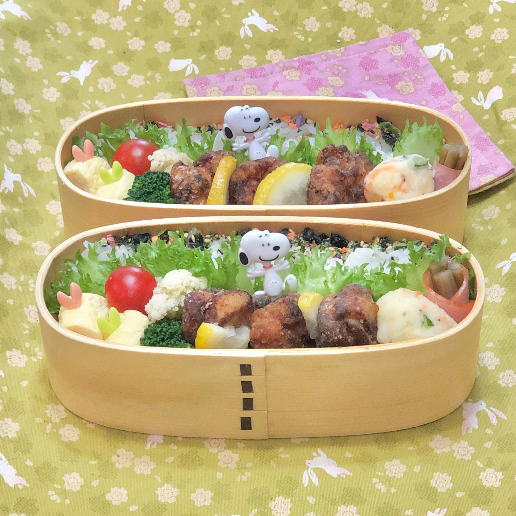 鶏モモ唐揚げ☘の双子ちゃんお弁当💙❤️ 5/28金