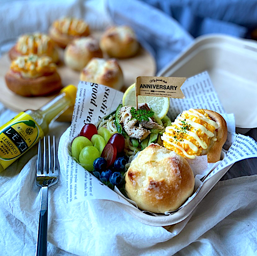 シュガーパン・ハムロールたまごパン🥐鯖缶ときゅうりの冷製レモンパスタ🍝🍋弁当🍱