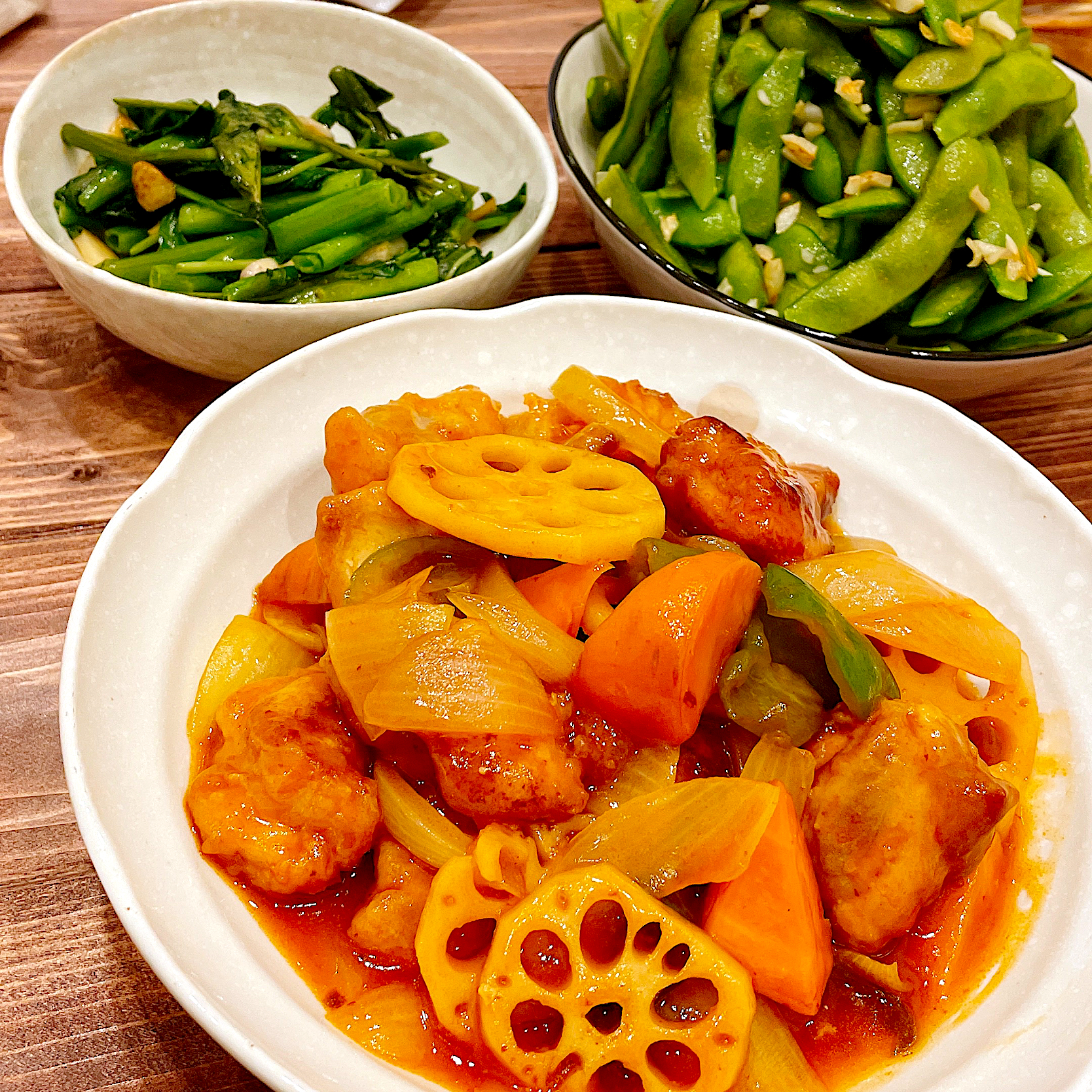 酢鶏とえだまめと空芯菜