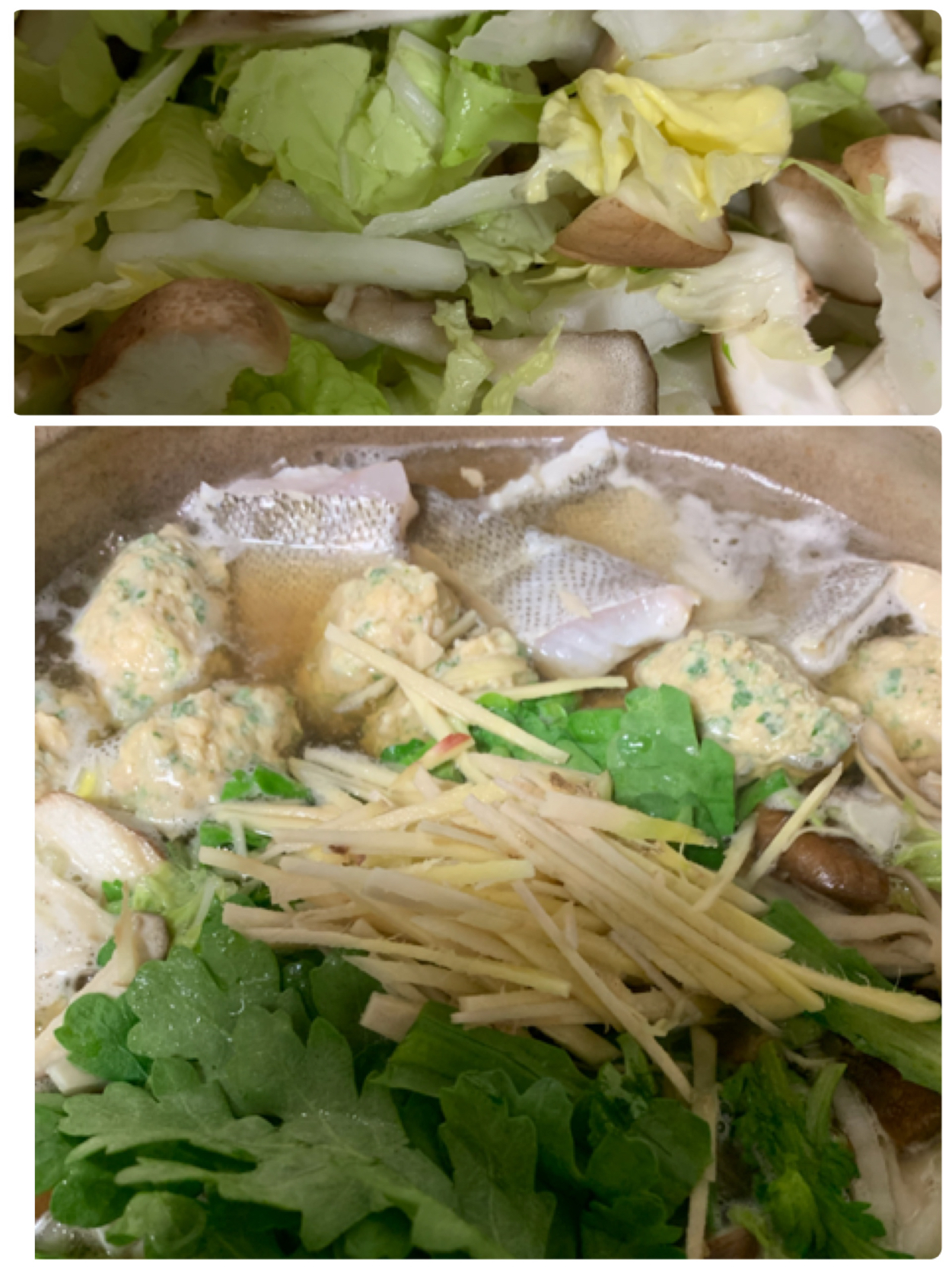 紫蘇のはターップリな鶏団子と、鱈と、キノコと、野菜と新生姜たーっぷりの鍋🫕