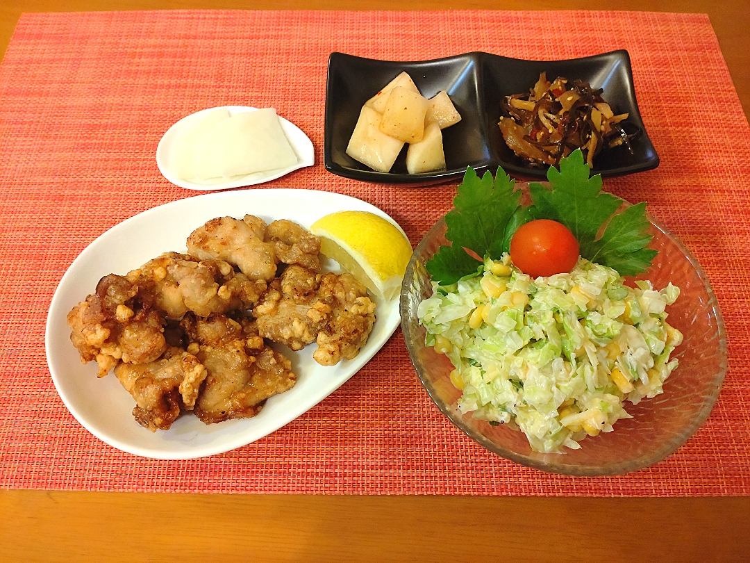 ☆鶏唐揚げ
☆コールスローサラダ
☆大根角キムチ＆ヤーコン佃煮
☆べったら漬