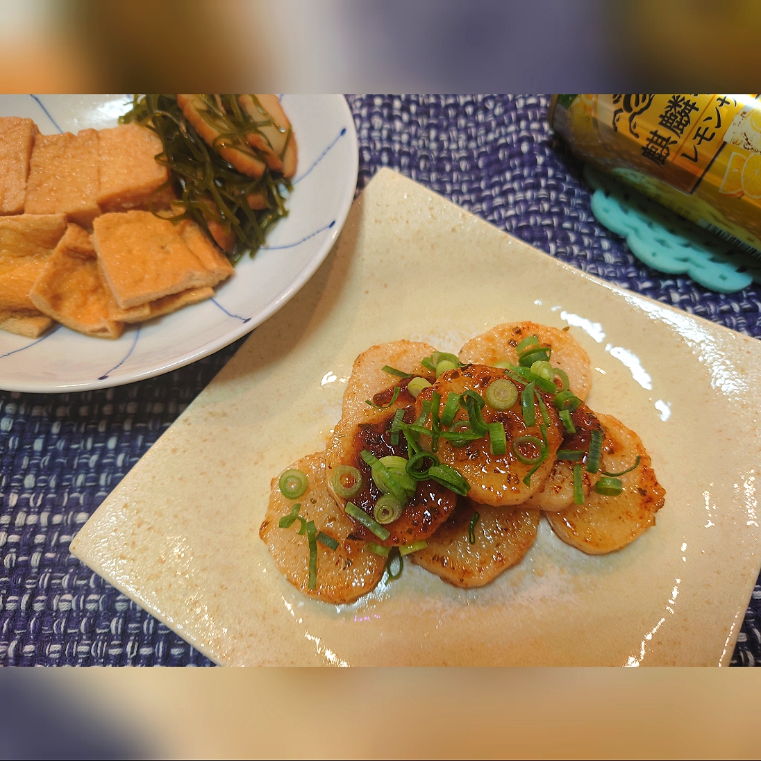 ★おうちごはん★

✴️長芋つぶバタぽんステーキ

✴️厚揚げ煮　切り昆布とさつま揚げの着物