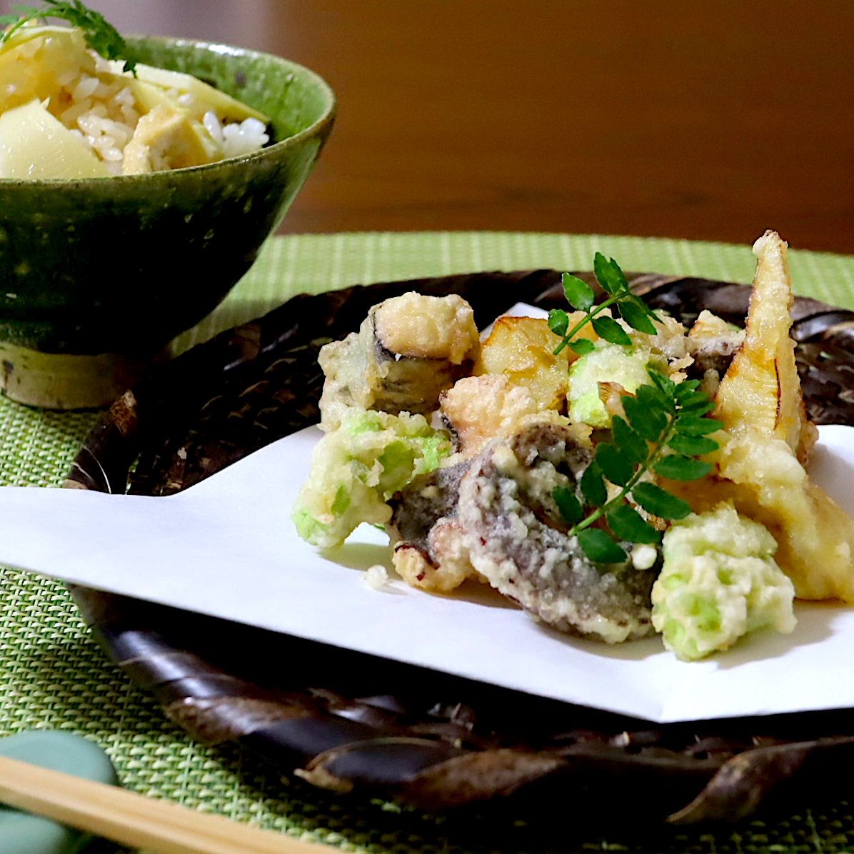 筍とタコの天ぷら　筍ごはん