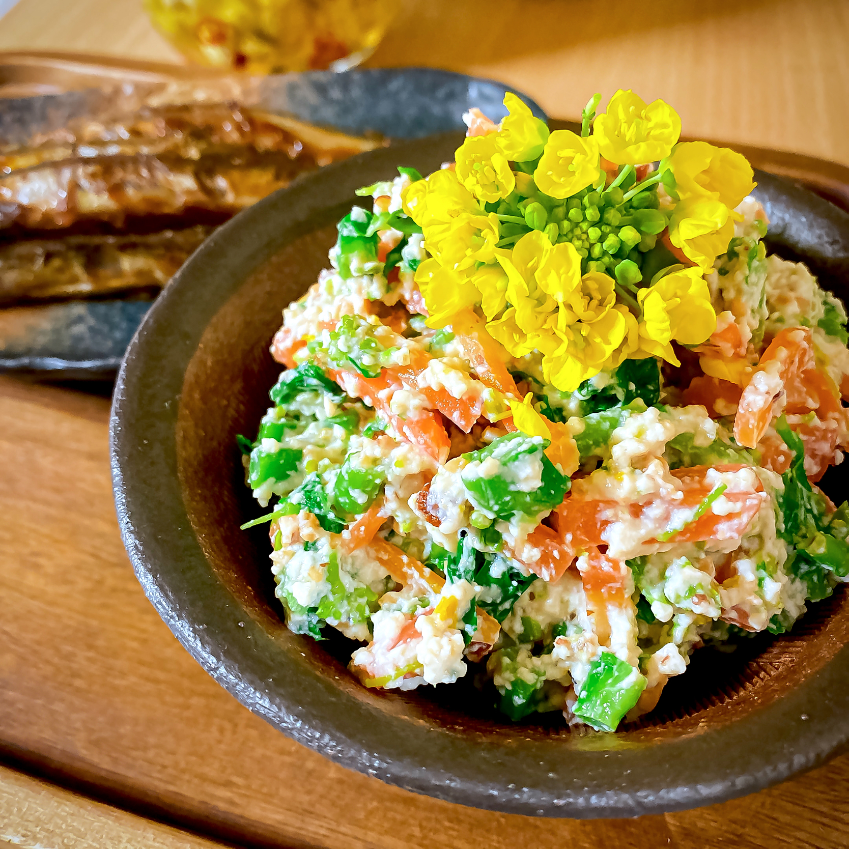 ナッツと菜の花の白和え🌼ししゃもの甘辛煮🐟