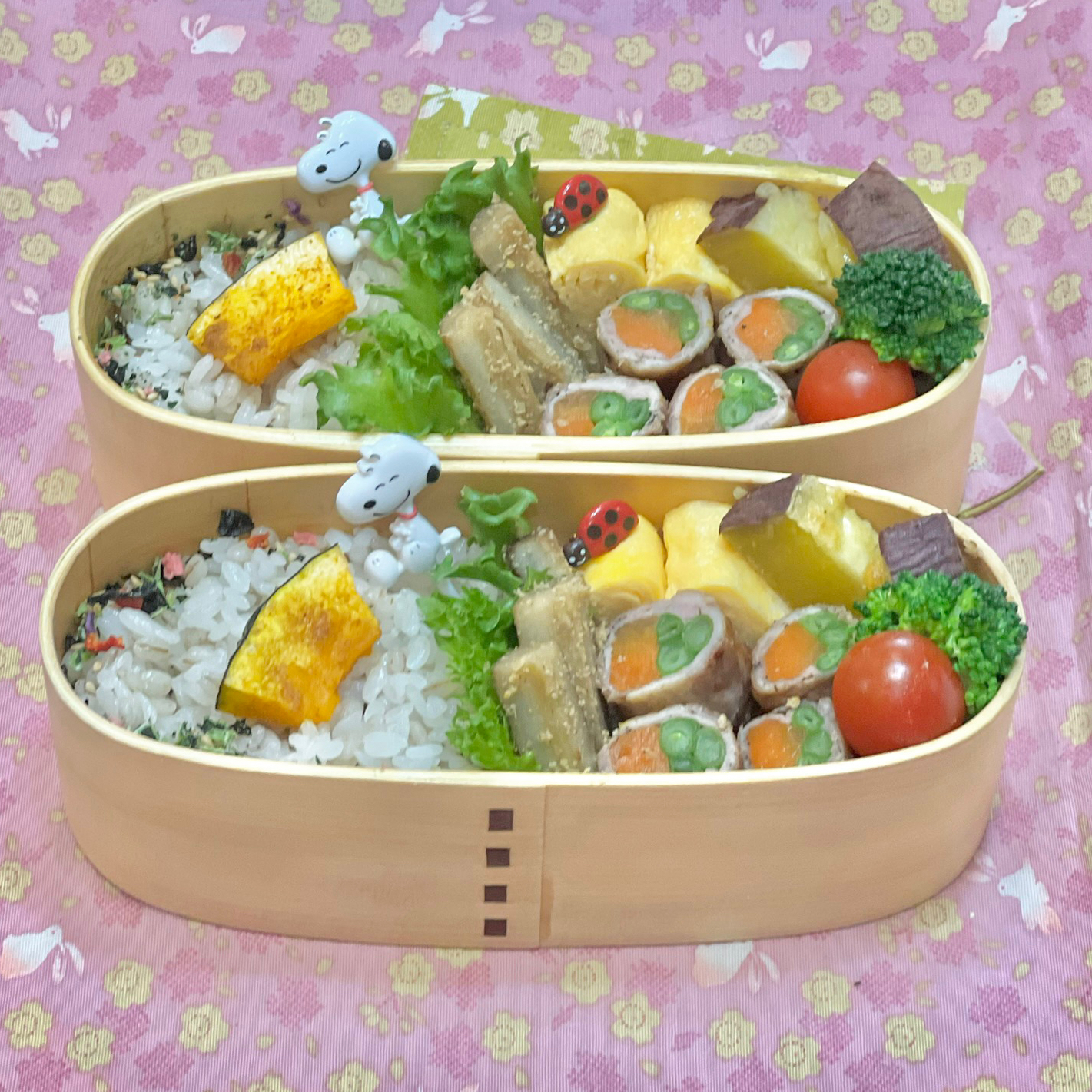 人参・インゲンの豚ロール照り焼き☘️の双子ちゃんお弁当💙❤️ 4/15金