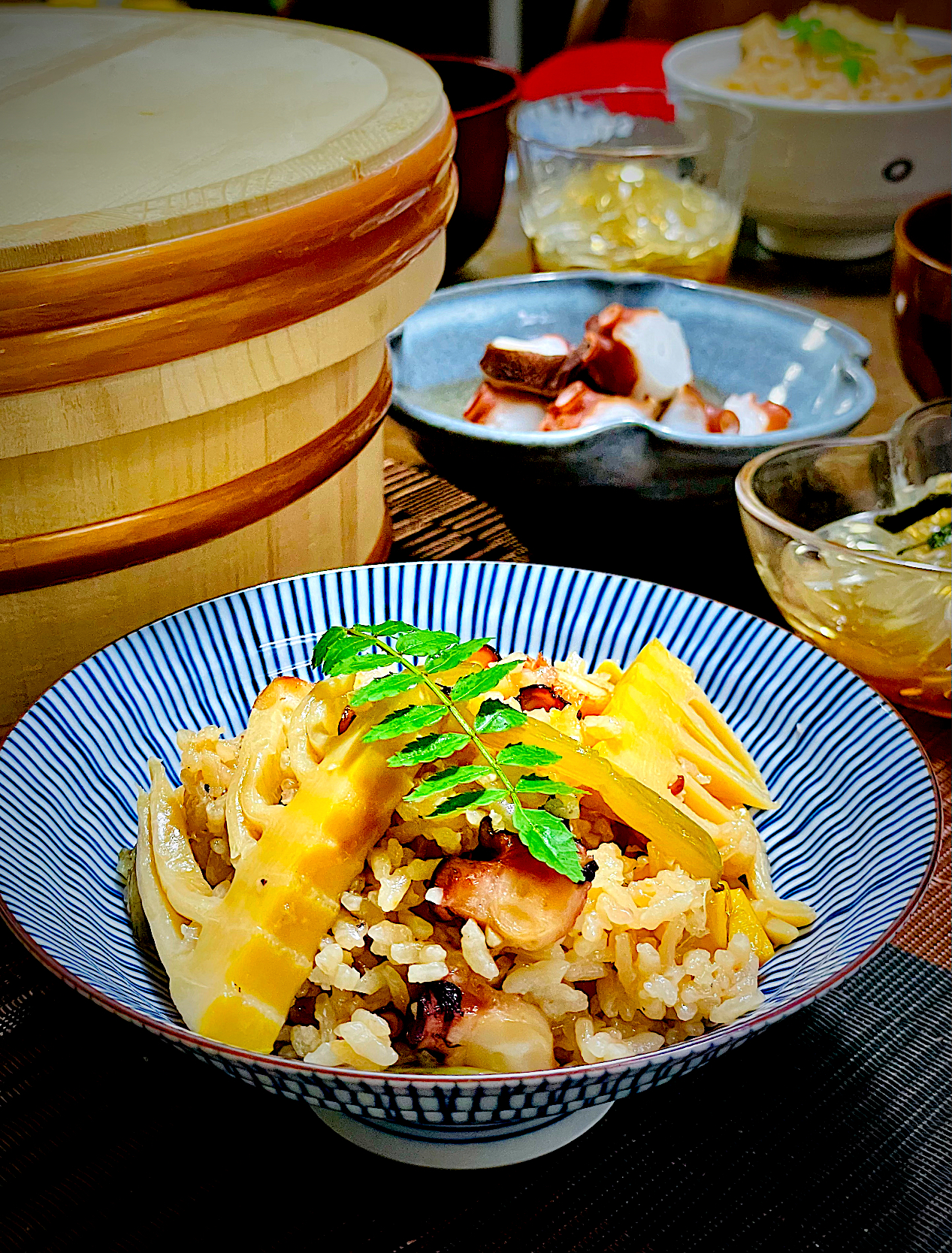 筍と蕗の炊き込みご飯✨✨✨たこバージョン！木の芽を添えて。