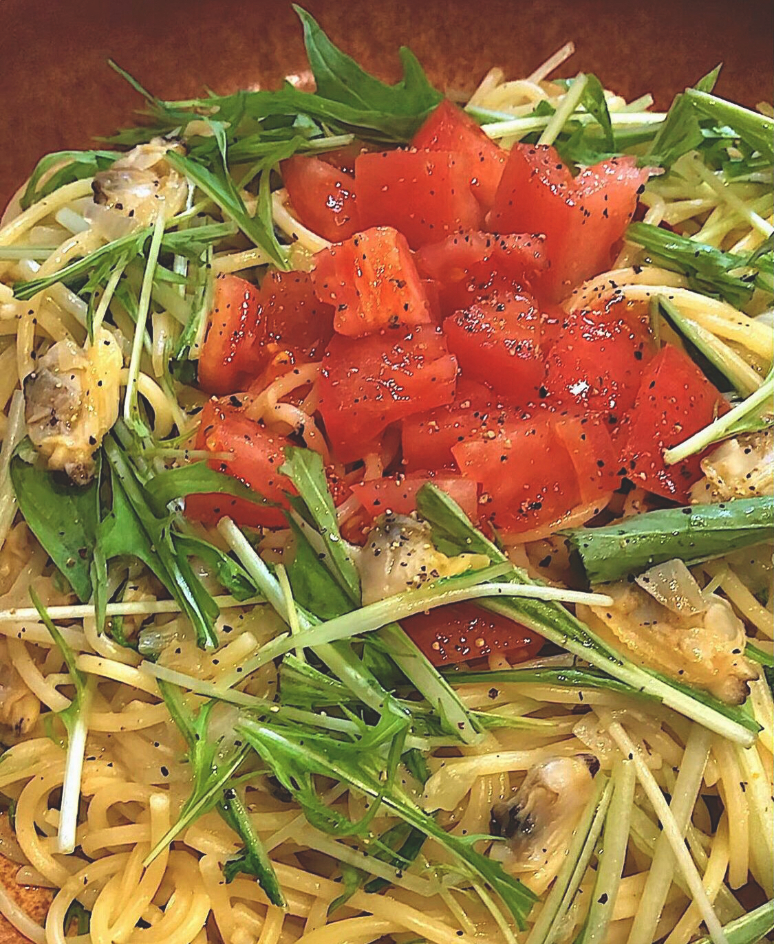 あさりと水菜とトマトのパスタ