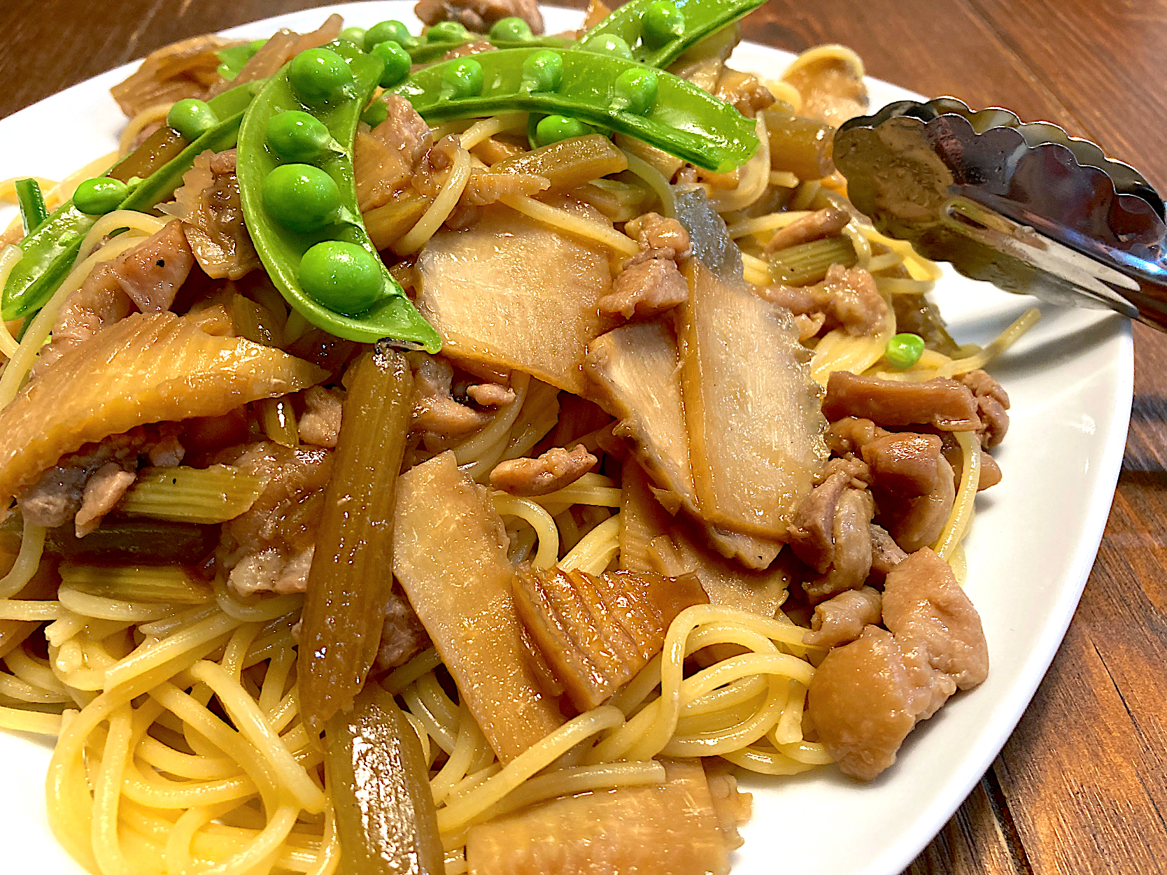 筍と蕗と照り焼きチキンのペペロンチーノ