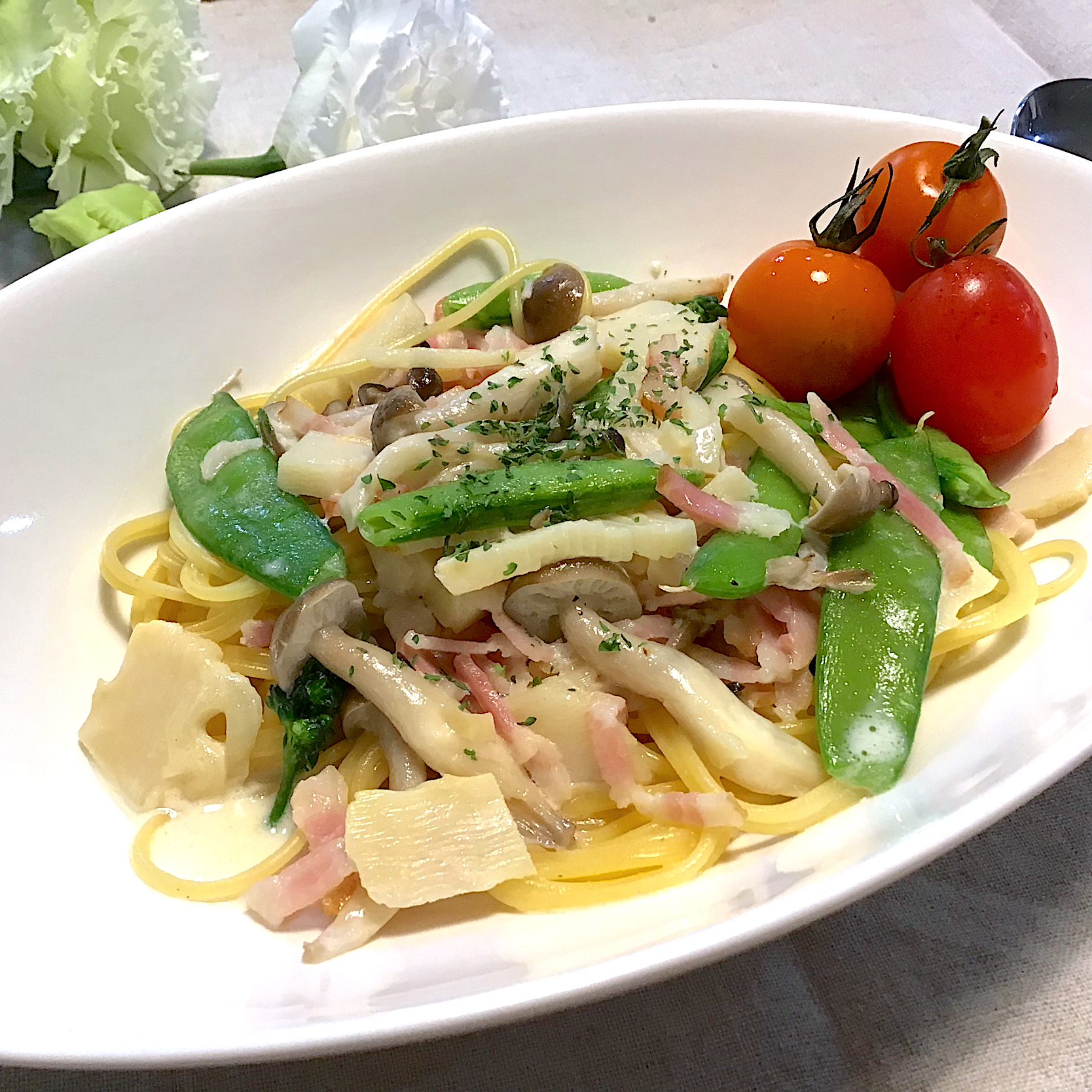 筍としめじのクリームパスタ