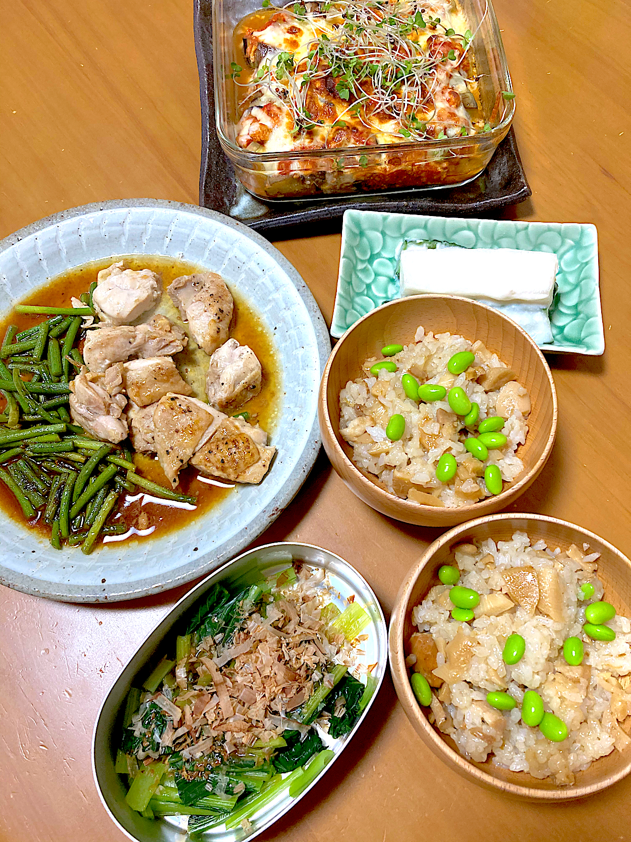 筍のお寿司♡大根の酒粕漬け♡ニンニクの芽と鶏肉の中華風炒め♡茄子のミートグラタン♡茹で小松菜のおかか和え