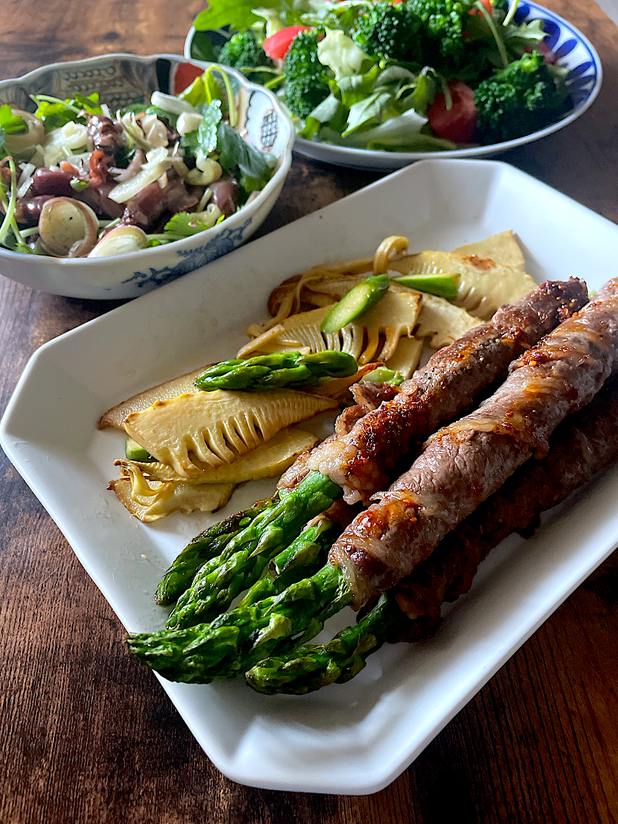 アスパラ肉巻きとたけのこのバター醤油〜超簡単手抜きのホタルイカと香味野菜の和物も美味しい