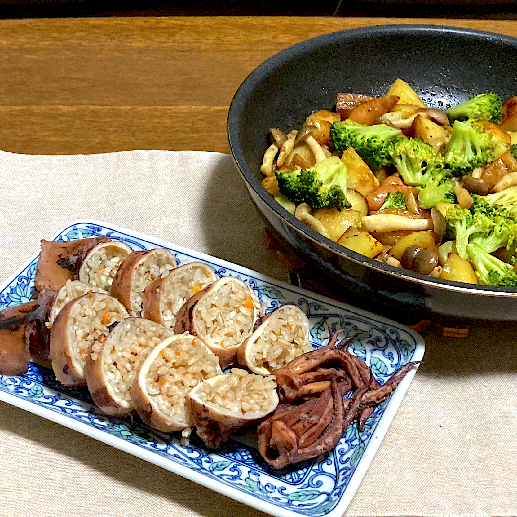 イカ飯とガリバタポテト