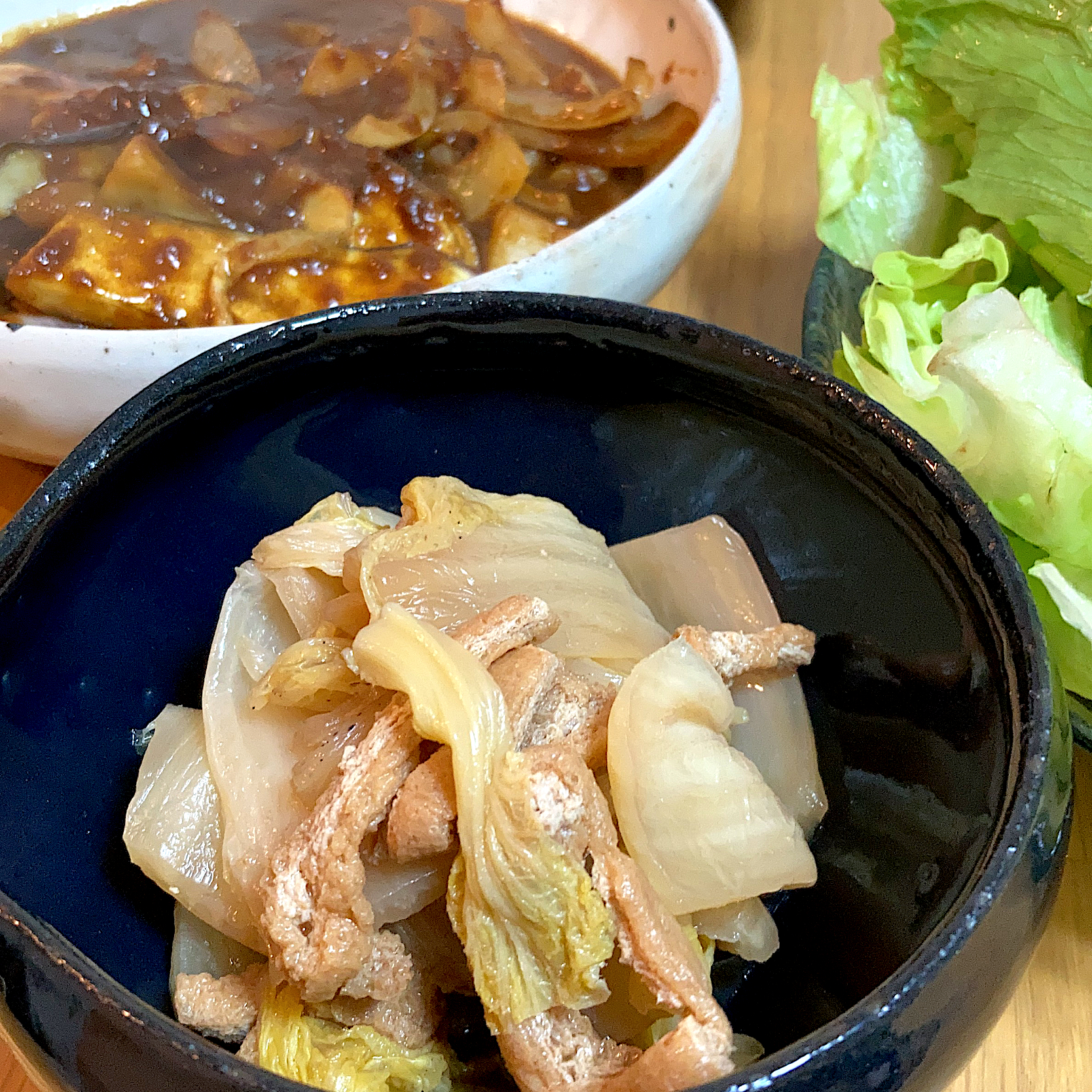 白菜とお揚げの炊いたんと、茄子と玉ねぎカレー炒め